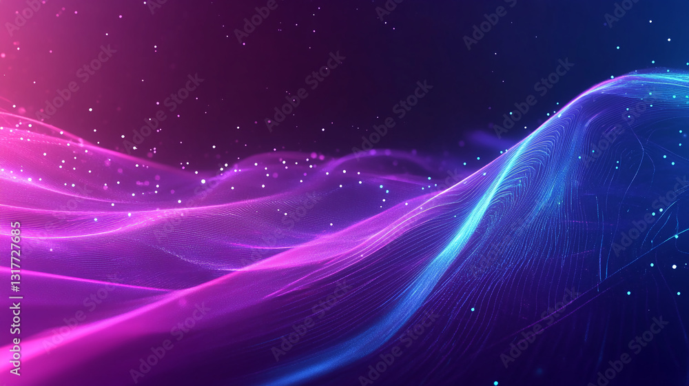 Poster Abstract image of flowing purple and blue light particles, creating a dynamic and energetic wave effect, symbolizing technology, innovation, and digital concepts, ideal for tech or futuristic designs