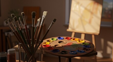 Art Supplies and Paints in a Sunlit Studio Evoking Creativity and Inspiration during Team Building Events