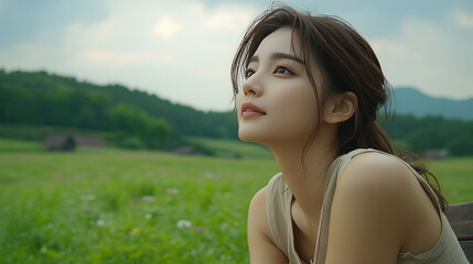 Korean woman sitting and relaxing enjoying green meadow with wildflowers in full bloom