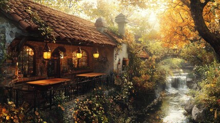 Autumnal cottage cafe by a cascading stream.