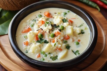 Vegetable Coconut Stew (Ishtu) in a Rustic Clay Bowl with Authentic Garnishes, Traditional South Indian Curry
