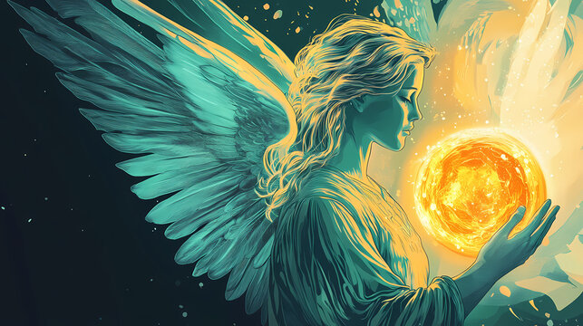 A serene illustration of archangel uriel holding glowing orb, radiating warmth and light. Glowing Auras. Illustration