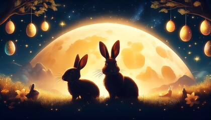 A dreamy night sky Easter scene with a glowing full moon, silhouetted bunnies, and twinkling stars. A magical “Happy Easter” message shines in golden light, creating a whimsical and festive ambiance.
