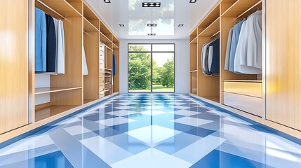 Modern Walk in Closet Interior Design with Blue and White Diamond Pattern Floor