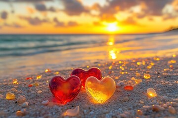 Fototapeta premium Glass hearts shining on beach during golden sunset