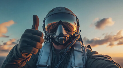 A fighter pilot wearing a helmet and oxygen mask gives a thumbs up while the golden sunset reflects on his visor creating a dramatic scene

