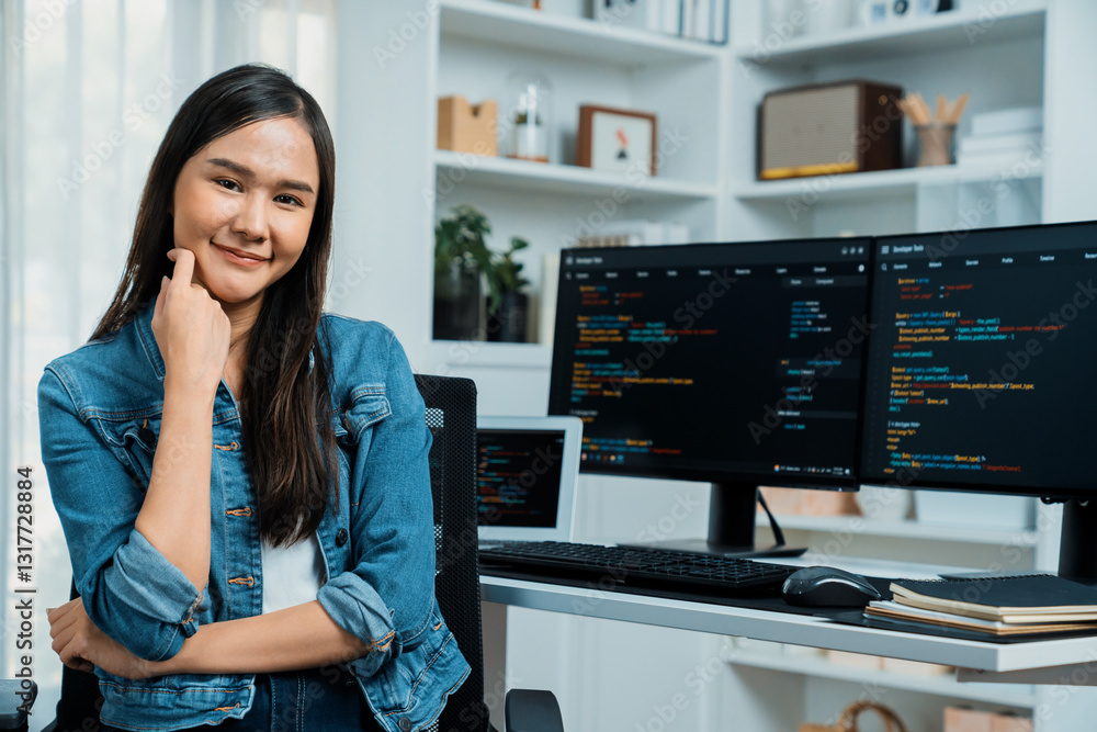 Poster young asian in it developer looking at camera to present with online information on pc with coding p