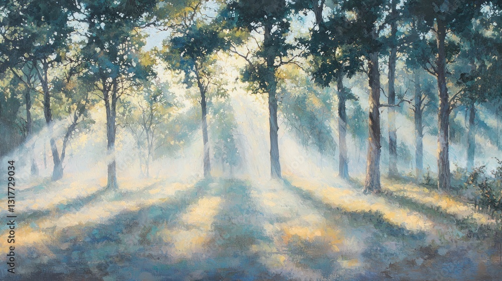 Poster Sunbeams illuminating misty forest path at dawn.