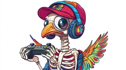 cartoon turkey skeleton with headphones and gaming controller fun and colorful digital art