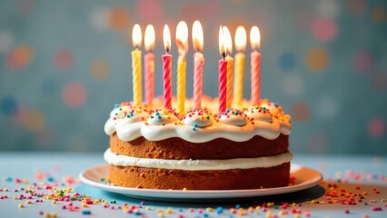 Birthday cake with lit candles, decorated with colored sprinkles. An atmosphere of joy and celebration. Ideal for greeting cards, bakery advertising, baking blogs.