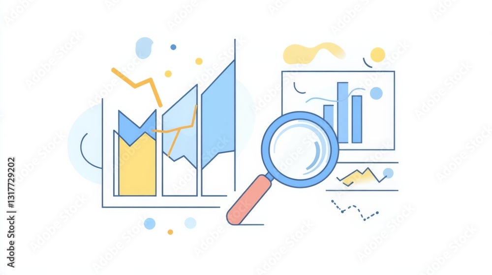 Aufkleber two analytics graphs with upward and downward trends, highlighted in yellow, featuring a magnifying 