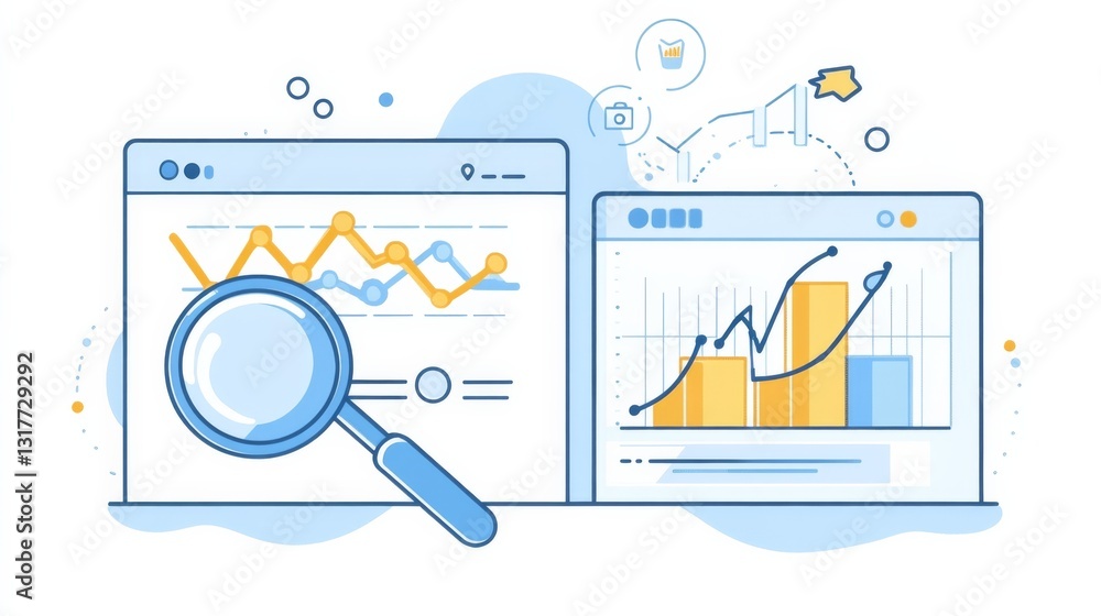 Aufkleber two analytics graphs with upward and downward trends, highlighted in yellow, featuring a magnifying 