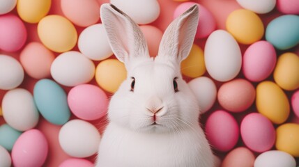 Cute white easter bunny surrounded by pastel-colored eggs, creating a cheerful and festive easter scene