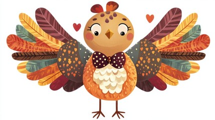 playful cartoon turkey with heart-shaped wings and vibrant orange and brown feathers