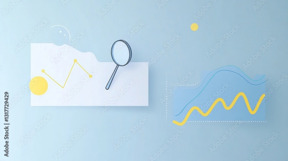 Aufkleber two analytics graphs with upward and downward trends, highlighted in yellow, featuring a magnifying 