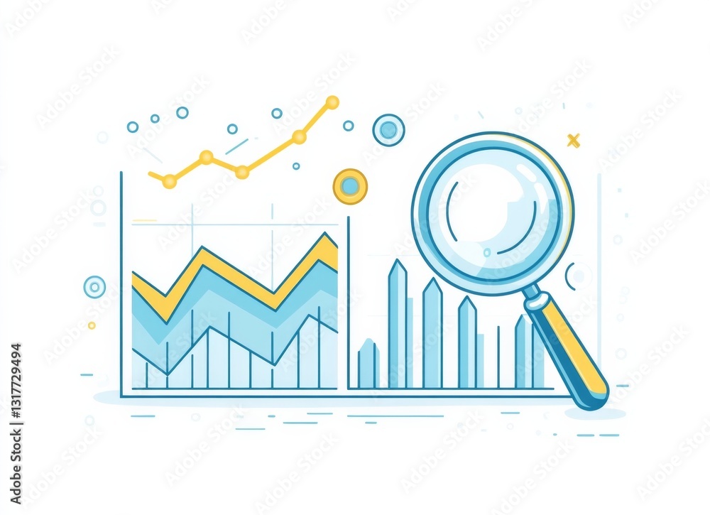 Aufkleber two analytics graphs with upward and downward trends, highlighted in yellow, featuring a magnifying 