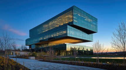 Obraz premium Modern glass office building at dusk.