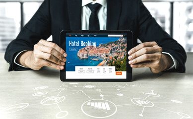 Online hotel accommodation booking website provide modish reservation system . Travel technology concept .