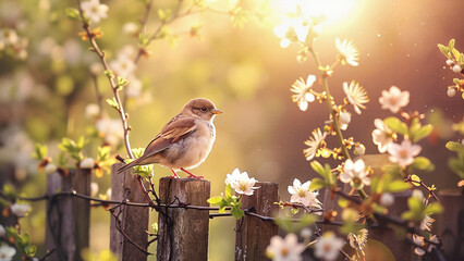 Tranquil Spring Bird on Wooden Fence