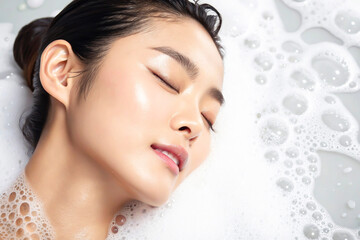 Young woman in soap foam with bubbles. Taking bubble bath with foam, hair and skin care, using shampoo or gel. Cosmetics and relax concept