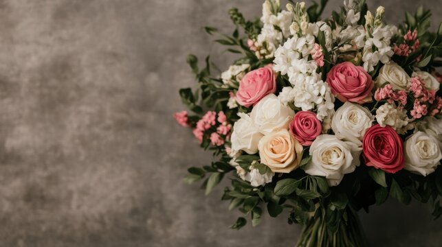 Romantic floral arrangement of roses and matthiola incana on a textured gray background for wedding and valentine's day