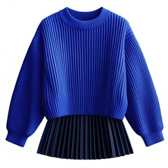 electric blue, oversized, ribbed knit sweater, featuring a relaxed fit and a crew neckline, styled with a dark navy pleated mini skirt
