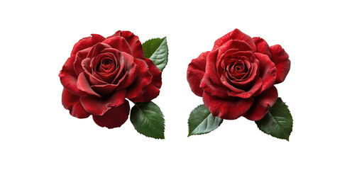 Beautiful Deep Red Blooming Rose Flowers with Water Droplets and Green Leaves, Natural Fresh Garden Roses in Full Bloom Isolated on Transparent and White Background