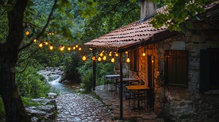 Obraz premium Cozy stone cottage with outdoor seating near a stream at dusk.