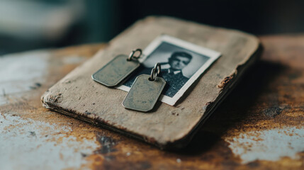 Vintage soldier photo with military dog tags on aged surface