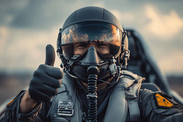 A fighter pilot inside a jet cockpit giving a thumbs-up while wearing an oxygen mask and tactical flight suit

