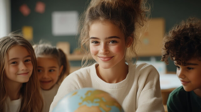 Diverse children engaging with globe in classroom setting - Powered by Adobe