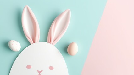 Background with eggs and white bunny. Concept of Easter banner