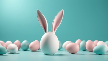 Background with eggs and white bunny. Concept of Easter banner