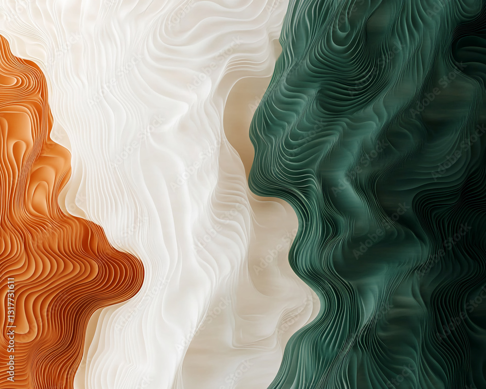 Aufkleber Abstract image of layered, wavy textures in orange, white, and green hues.  Flowing lines create sense of movement and fluidity, suggesting serene and dynamic visual experience.  Design background