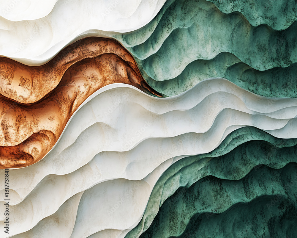 Poster Abstract image of flowing, textured waves in beige, copper, and teal hues, creating a dynamic and elegant visual.  Showcase potential for design or branding