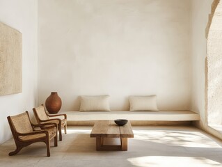 A light filled interior room with minimalist furniture arrangements