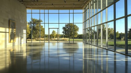 Modern gallery interior with large windows showcasing scenic autumn landscape.