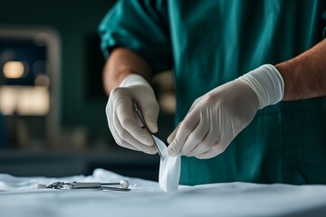 A close-up shot of a doctor’s hands covered with a white protective arm cover mockup, carefully handling medical instruments in a well-lit hospital setting.