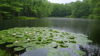 Serene Rain over Lily Pads Lake in the Forest
