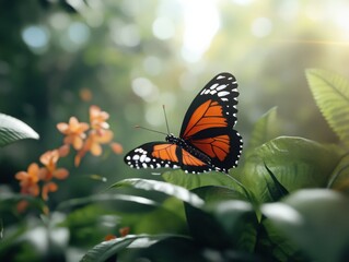 Fototapeta premium Butterfly rests on green leaves amidst blooming flowers in a sunny garden