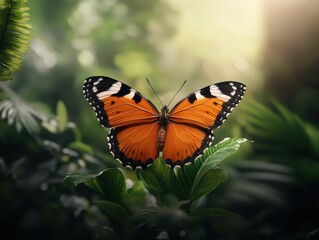 Naklejka premium Colorful butterfly perched on vibrant green leaves in a lush forest environment