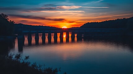 Fototapeta premium Scenic Lake Sunset with Bridge and Water Reflection at Dusk