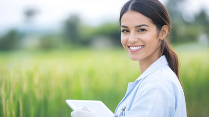 Fototapeta premium Hispanic Agricultural scientist woman holding tablet working in rice field