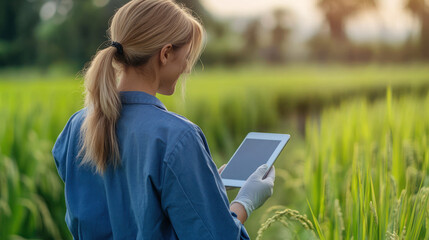 German Agricultural scientist woman holding tablet working in rice field