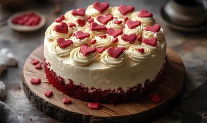Romantic Red Velvet Cake with Heart Decorations for Valentine's Day