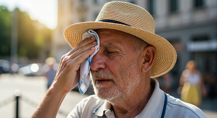 Elderly man wiping forehead in sunny urban environment