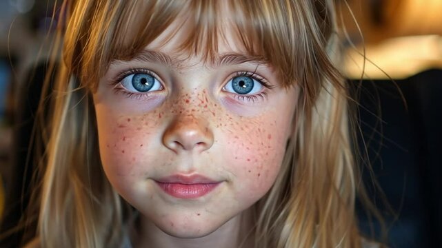 Portrait of a Young Girl with Freckles and Blue Eyes