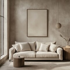 A cozy modern living room with a sofa and framed artwork