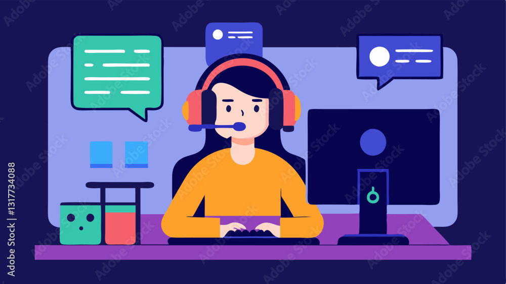 Aufkleber live streaming scene a content creator in a gaming chair wearing a headset engaging with a live chat