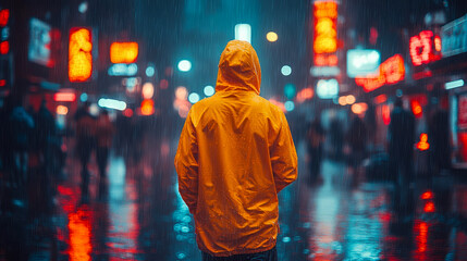 Fototapeta premium A fashionable man in a neon yellow tracksuit walks through a night city with bright neon lighting